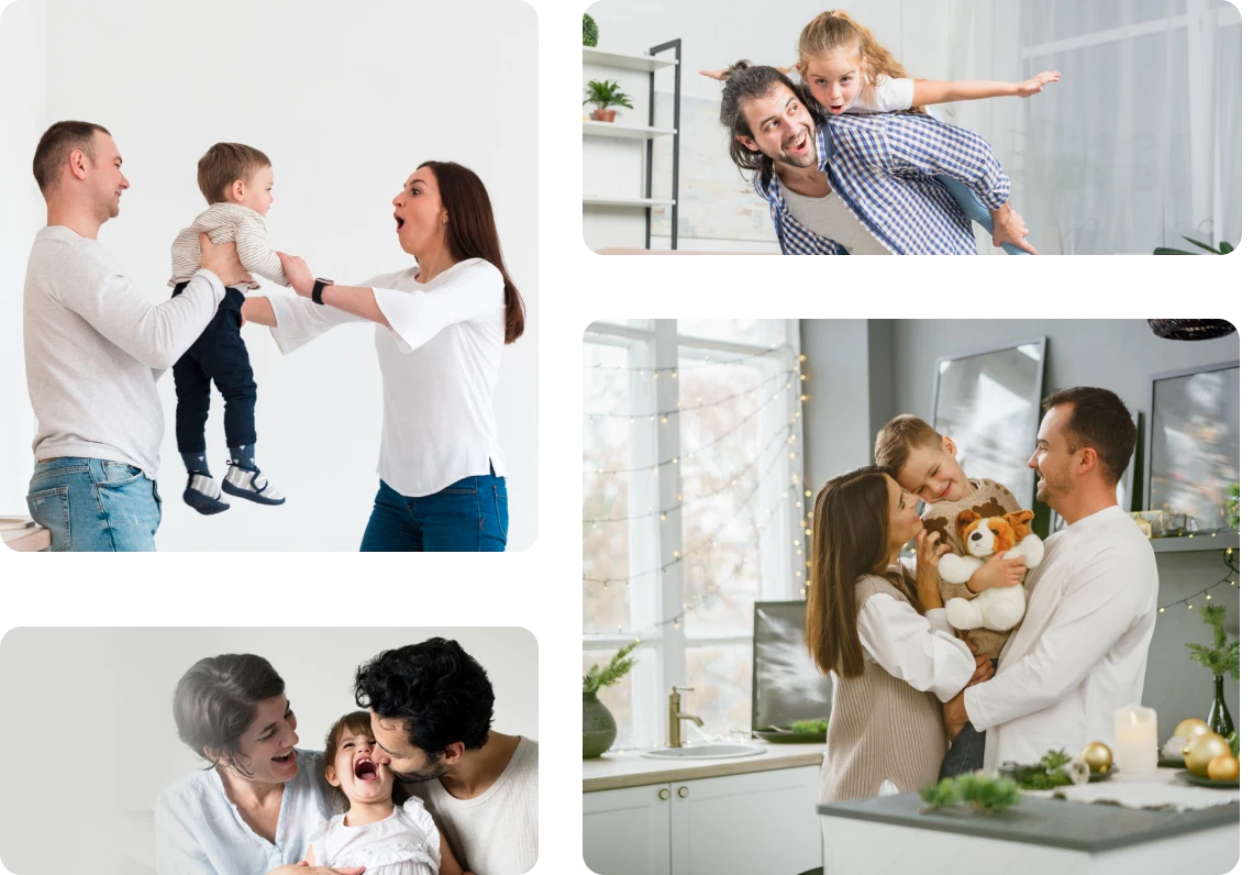 Collage of families spending joyful moments together: parents playing with a baby, a father giving a piggyback ride to his daughter, a couple cuddling with a laughing toddler, and parents holding a smiling child with a stuffed dog in a decorated kitchen.