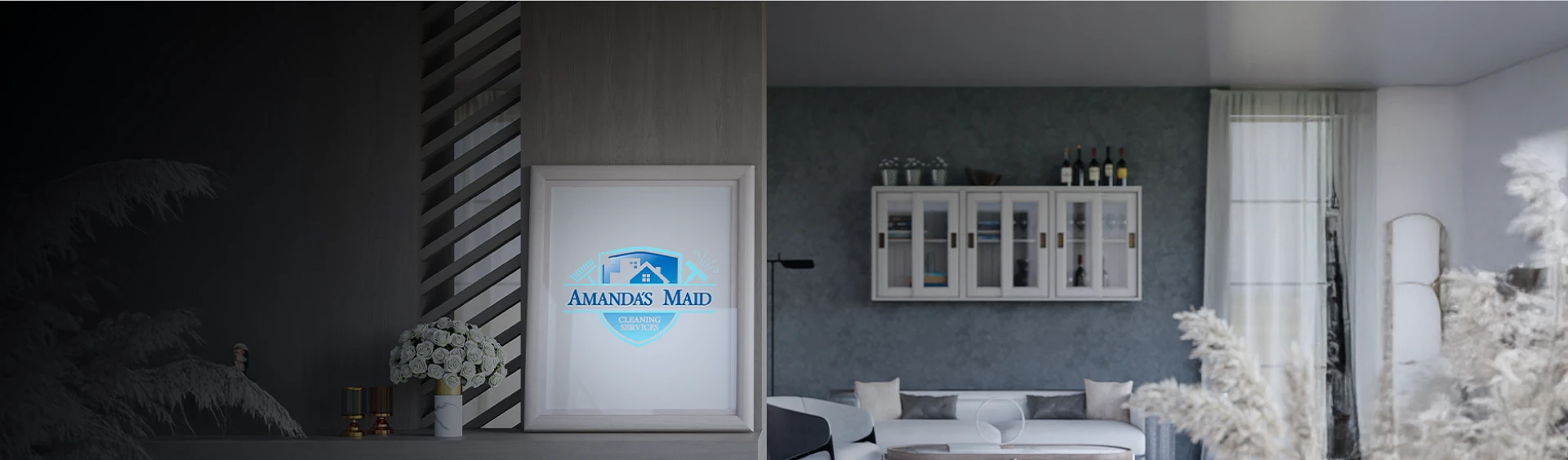 Modern living room with white sofa, wall-mounted cabinets, decorative plants, and a framed Amanda's Maid Cleaning Services logo on a wooden divider.