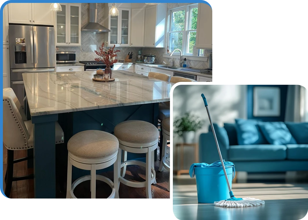 Modern kitchen with marble island, bar stools, stainless steel appliances, and a mop with a blue bucket on a clean floor in a living room.