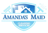 Amanda's Maid company logo featuring a house with window and a shining star on a blue shield background.