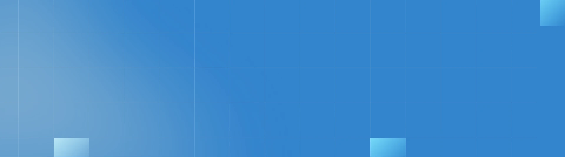 Blue gradient background with subtle grid lines and translucent squares in corners.