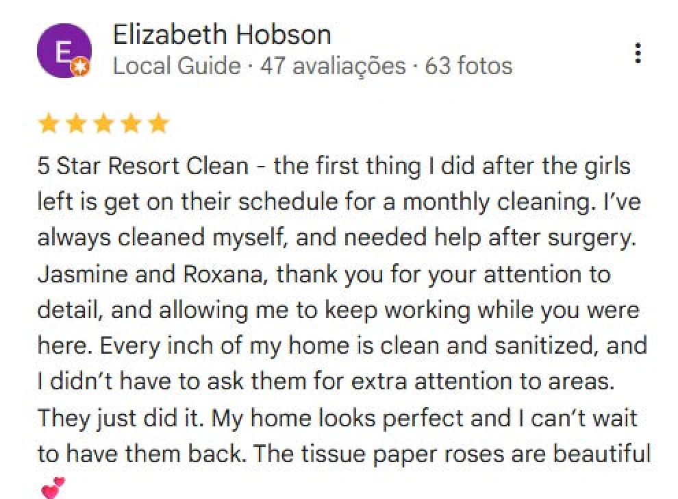 Google review by Elizabeth Hobson with a five-star rating praising the cleaning service for thoroughness and attention to detail during her recovery after surgery.
