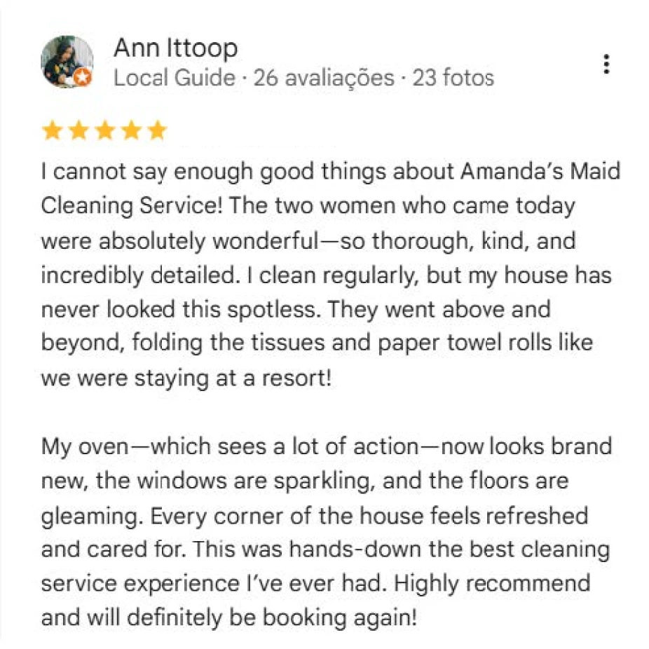 Five-star Google review by Ann Ittoop praising Amanda's Maid Cleaning Service for thorough, kind, and detailed cleaning, sparkling windows, and refreshed house.