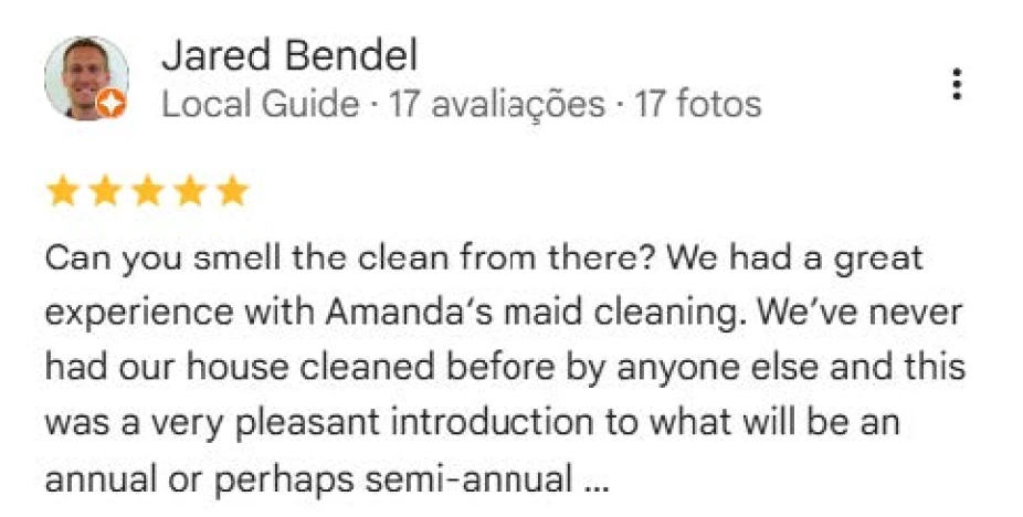 Google review by Jared Bendel with five-star rating praising Amanda's maid cleaning for a pleasant house cleaning experience.