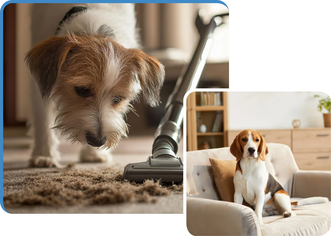 Collage of two dogs: a small dog near a vacuum cleaner on a carpet and a beagle sitting on a beige couch in a living room.