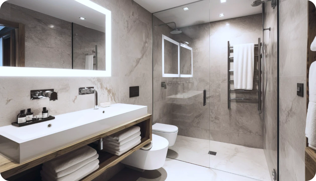 Modern bathroom with a large illuminated mirror, rectangular sink, white towels, wall-mounted toilet, and glass-enclosed walk-in shower.