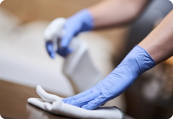 Hand wearing blue glove wiping a wooden surface with a white cloth and holding a spray bottle in the background.