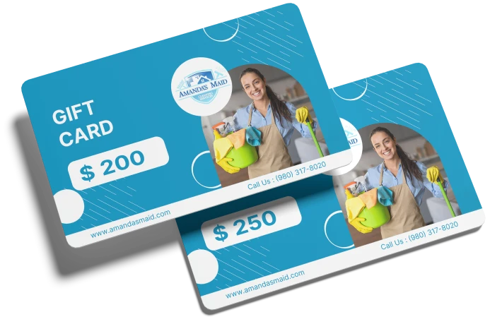 Two blue gift cards for Amanda's Maid cleaning service with values of $200 and $250, featuring a smiling woman in cleaning attire holding cleaning supplies.