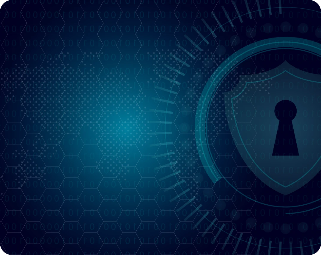 Digital blue background with hexagonal patterns, binary code, and a shield symbol with a keyhole representing cybersecurity.