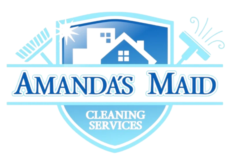 Amanda's Maid logo featuring a blue shield with house silhouette, a broom on the left, a squeegee on the right, and text 'Amanda's Maid' and 'Cleaning Services'.