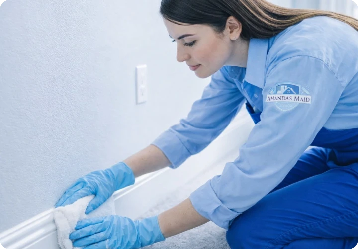 Bright modern living room with white sofa, large windows, potted plants, and glass sliding doors opening to outdoor patio with black chairs.