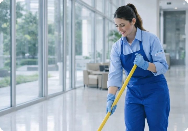 Janitor cart with yellow mop bucket and cleaning supplies in a clean, modern hallway.