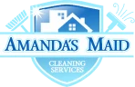 Amanda's Maid logo featuring a house silhouette and a blue and gray shield design.