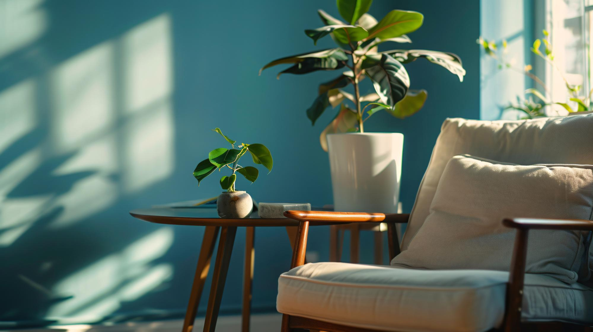 A small plant on a round wooden table next to a cushioned chair in a sunlit room.