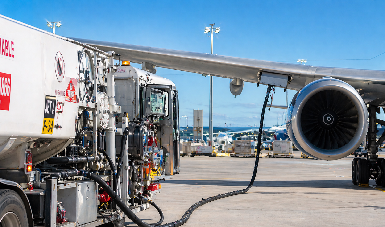 Cargo vliegtuig met laadvoertuigen op platform