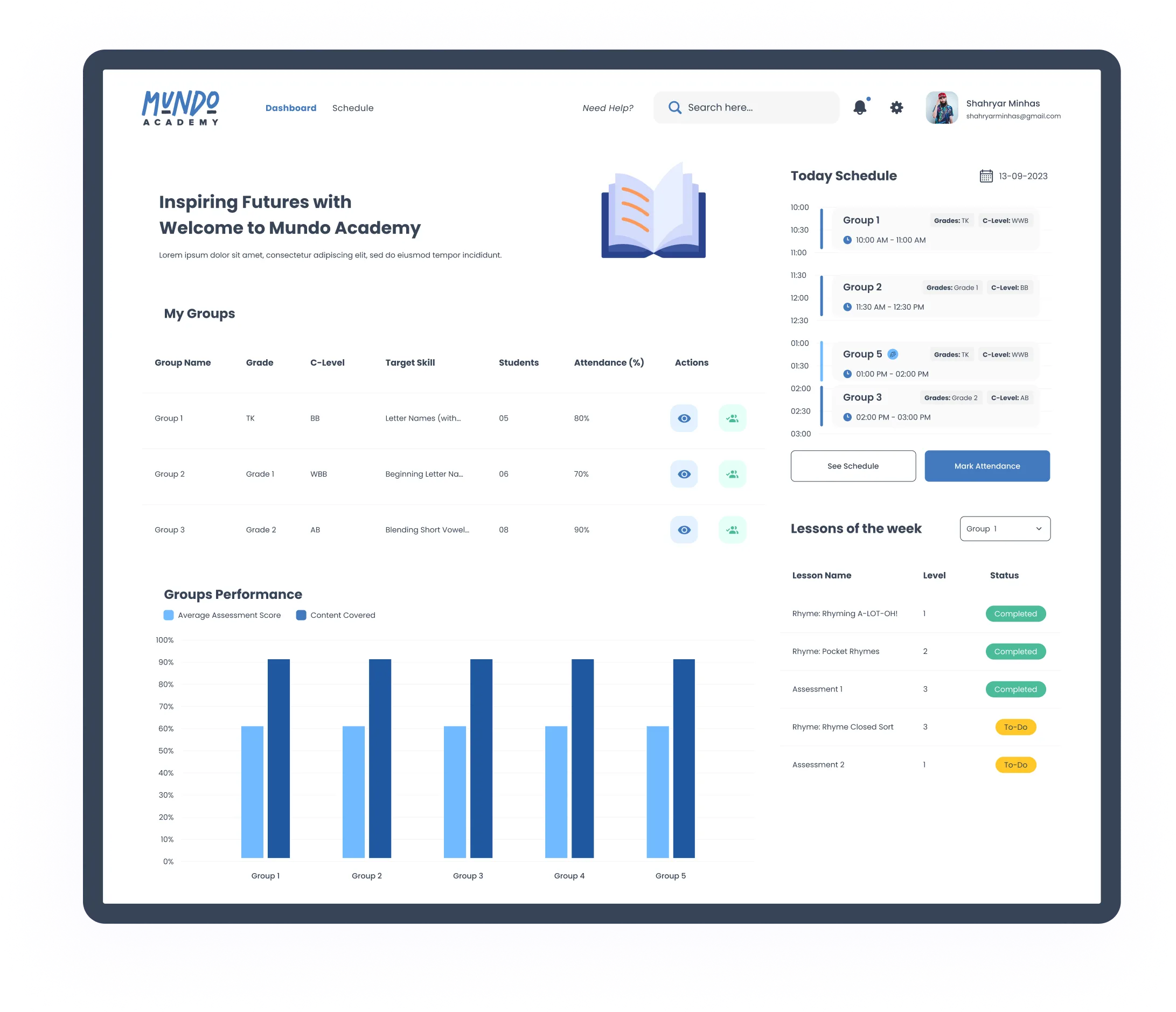 A dashboard design showing a education related web app - Wisual