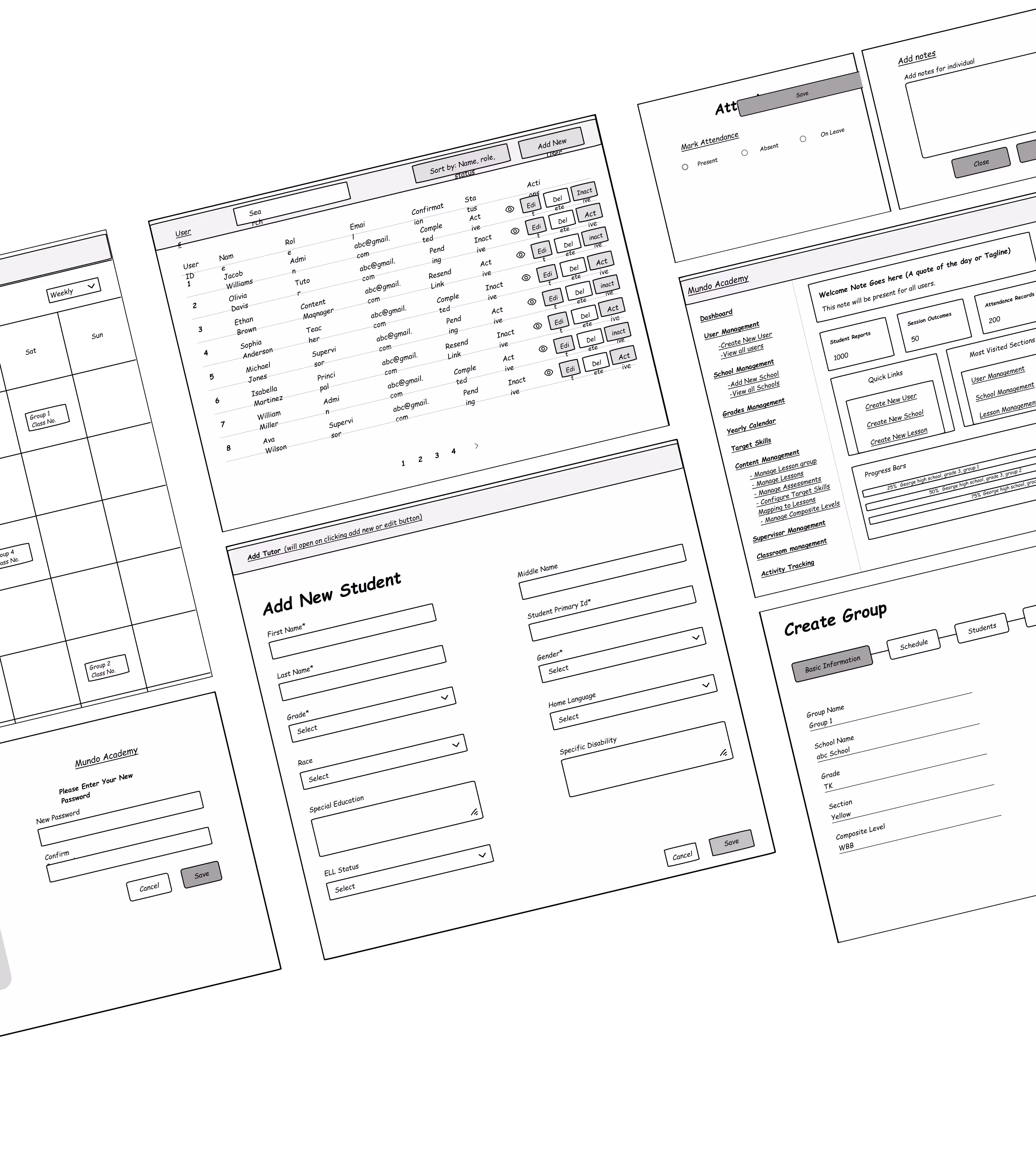 Alot of wireframe screens regarding the education based dashboard