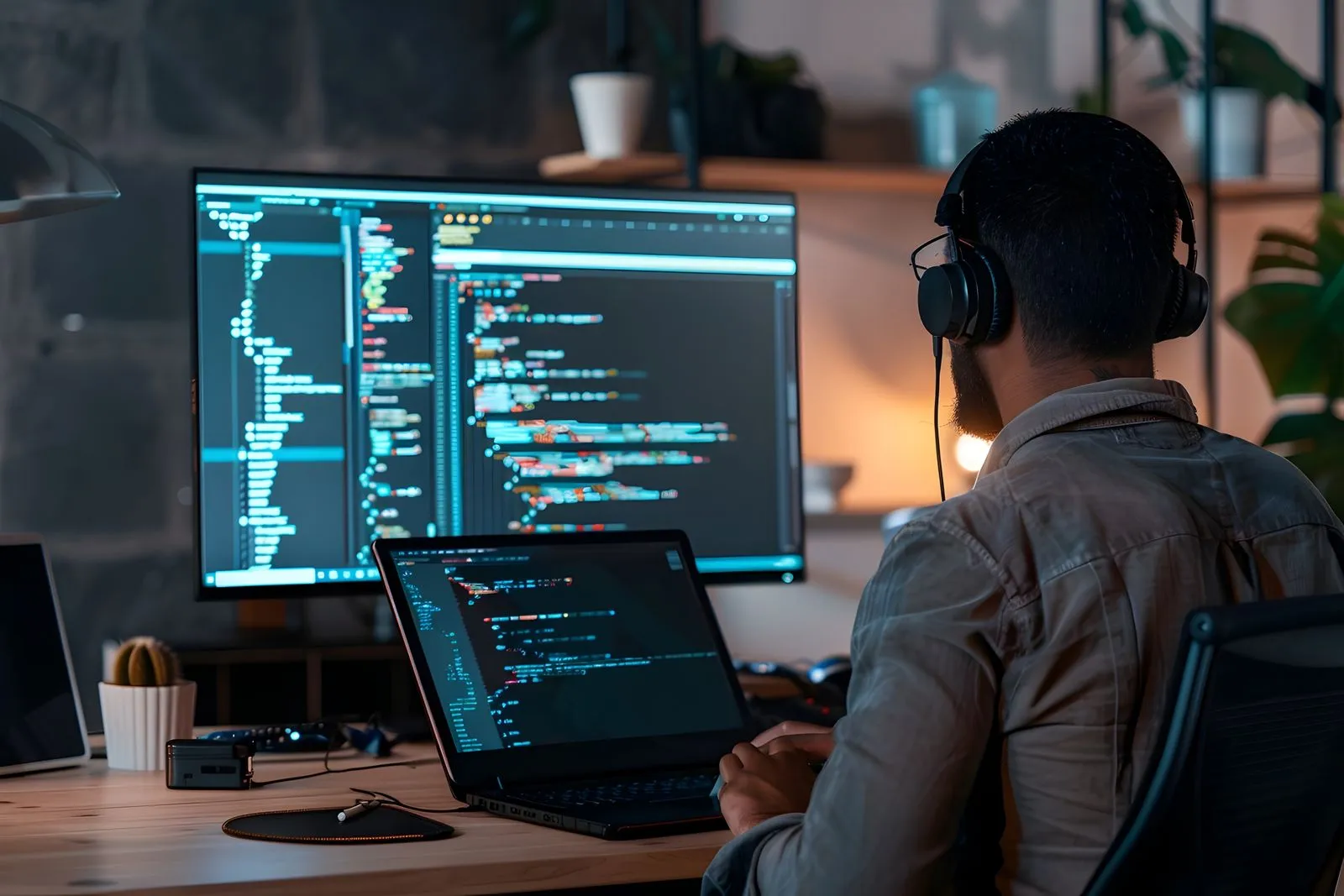  professional man working at a desk with dual computers, dedicated to MLOps development and consulting services.
