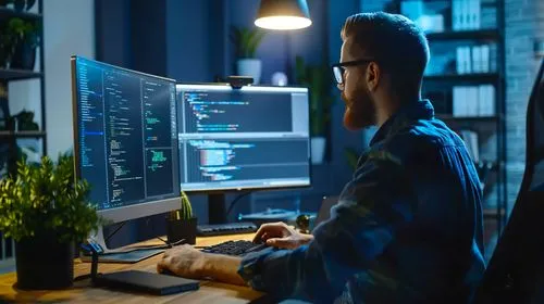 A man works intently on a computer in a dimly lit room, focusing on advanced technology solutions.