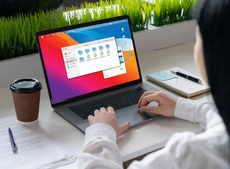 A woman engaged with her laptop, featuring a bright and colorful desktop, representing a personalized and creative workspace.