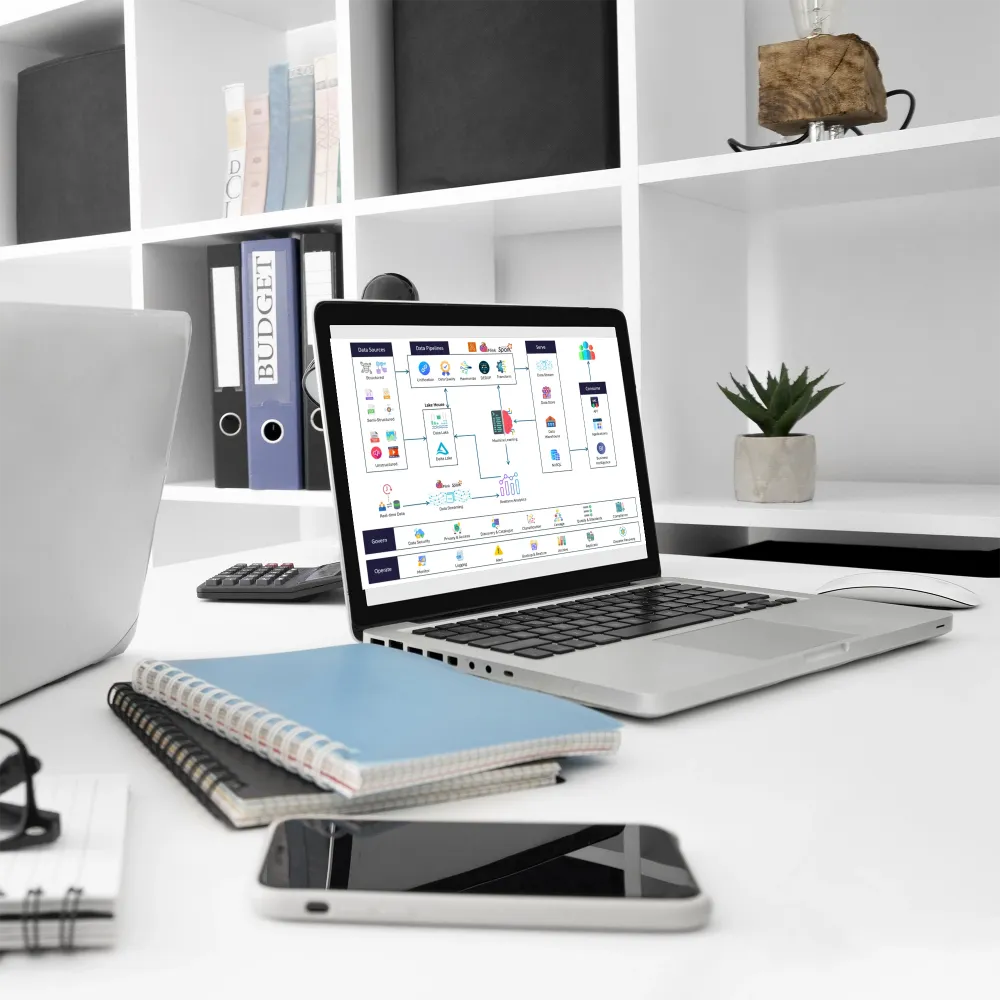 A laptop, notebook, and phone are arranged on a desk, symbolizing a modern workspace for data analysis and transformation.