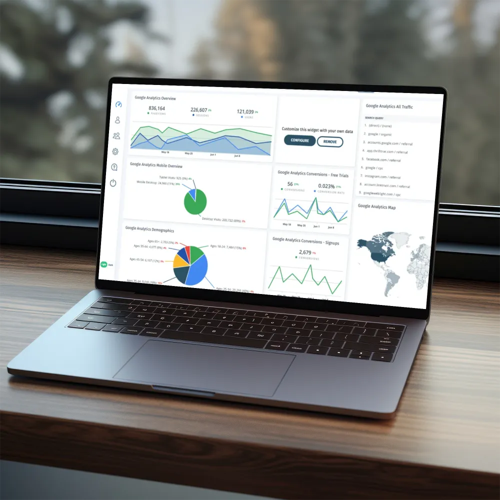 Laptop displaying a dashboard, showcasing SQL migration and user-friendly web interface for data insights.