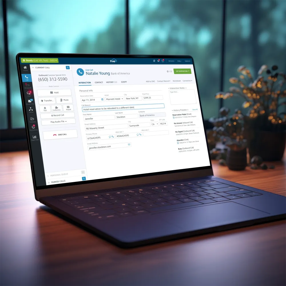 A laptop displaying a web page, showcasing WhizzBridge's Salesforce CRM features for client management and sales tracking.