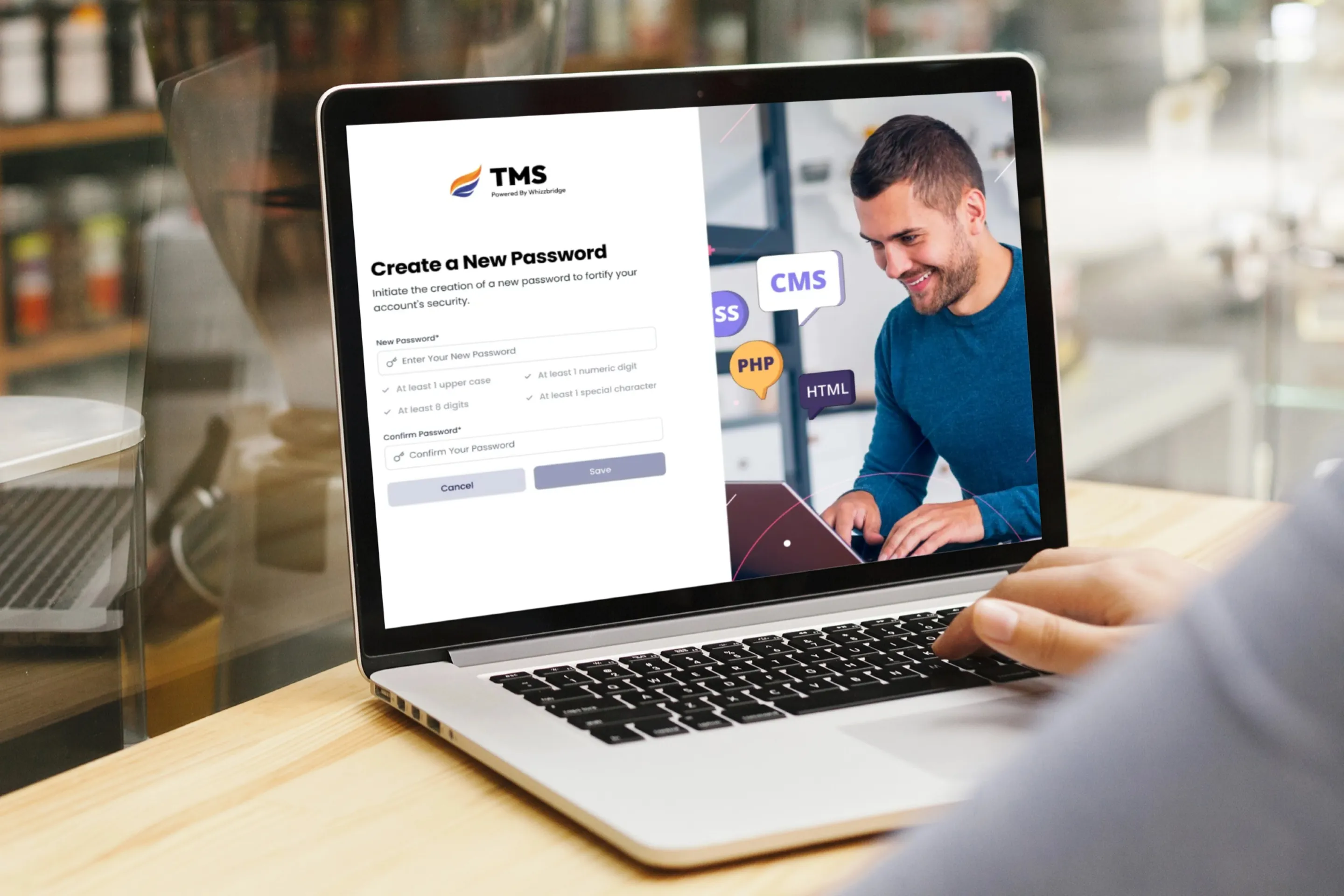 A man creating a laptop to create a password, creating account in training management system.