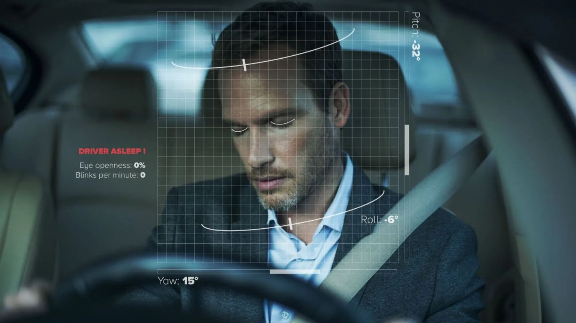 A man driving a car, showing signs of drowsiness, demonstrating AWS Deep Lens for drowsiness detection in drivers.