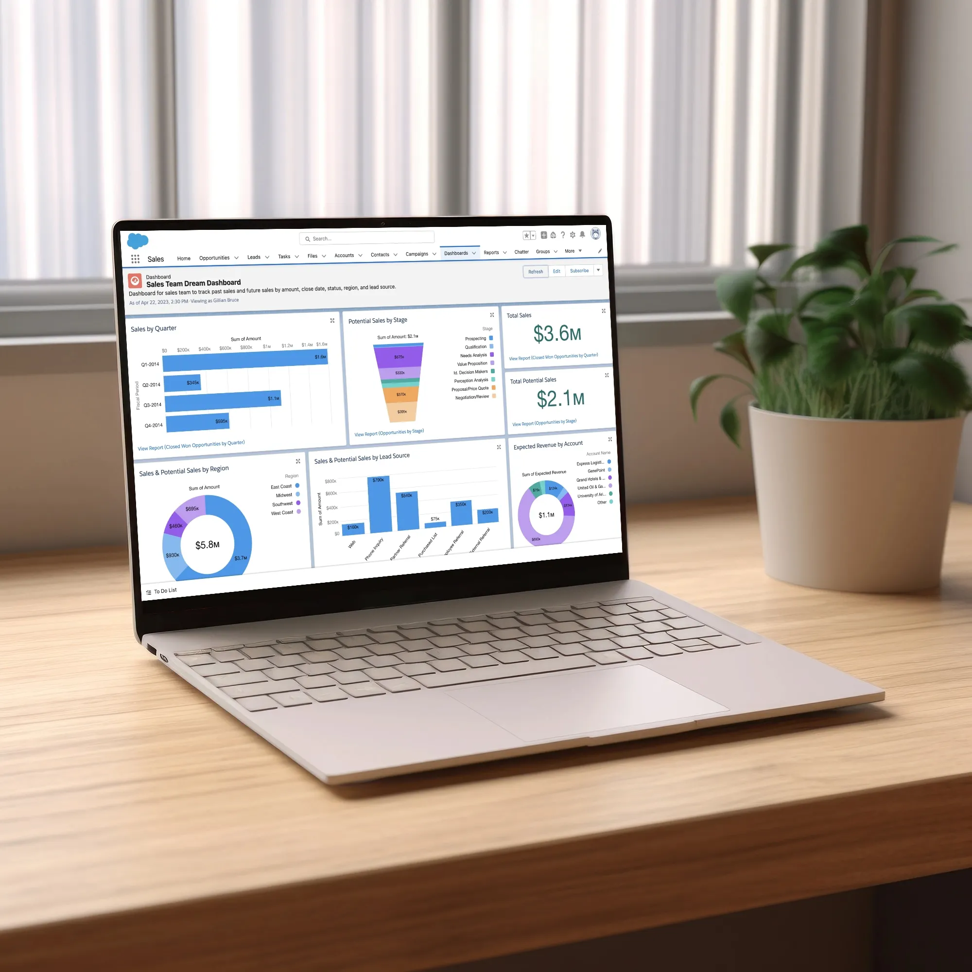 laptop displaying a dashboard, showcasing Whizzbridge's tailored Salesforce Sales Cloud solution features.