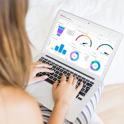 A woman using a laptop displaying a dashboard, showcasing Whizzbridge's tailored Salesforce Commerce Cloud solution.