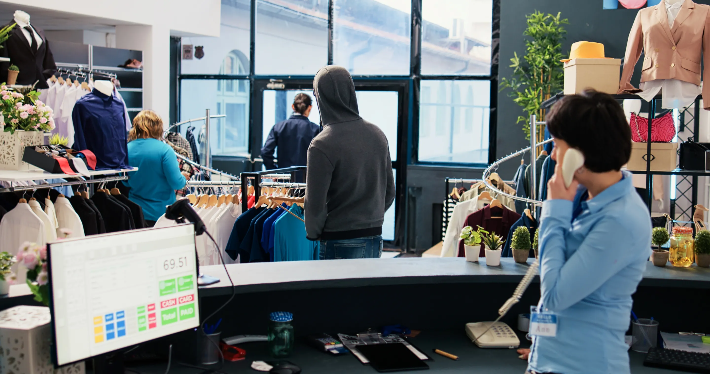 A woman stands at a clothing store counter, browsing items with a thoughtful expression.
