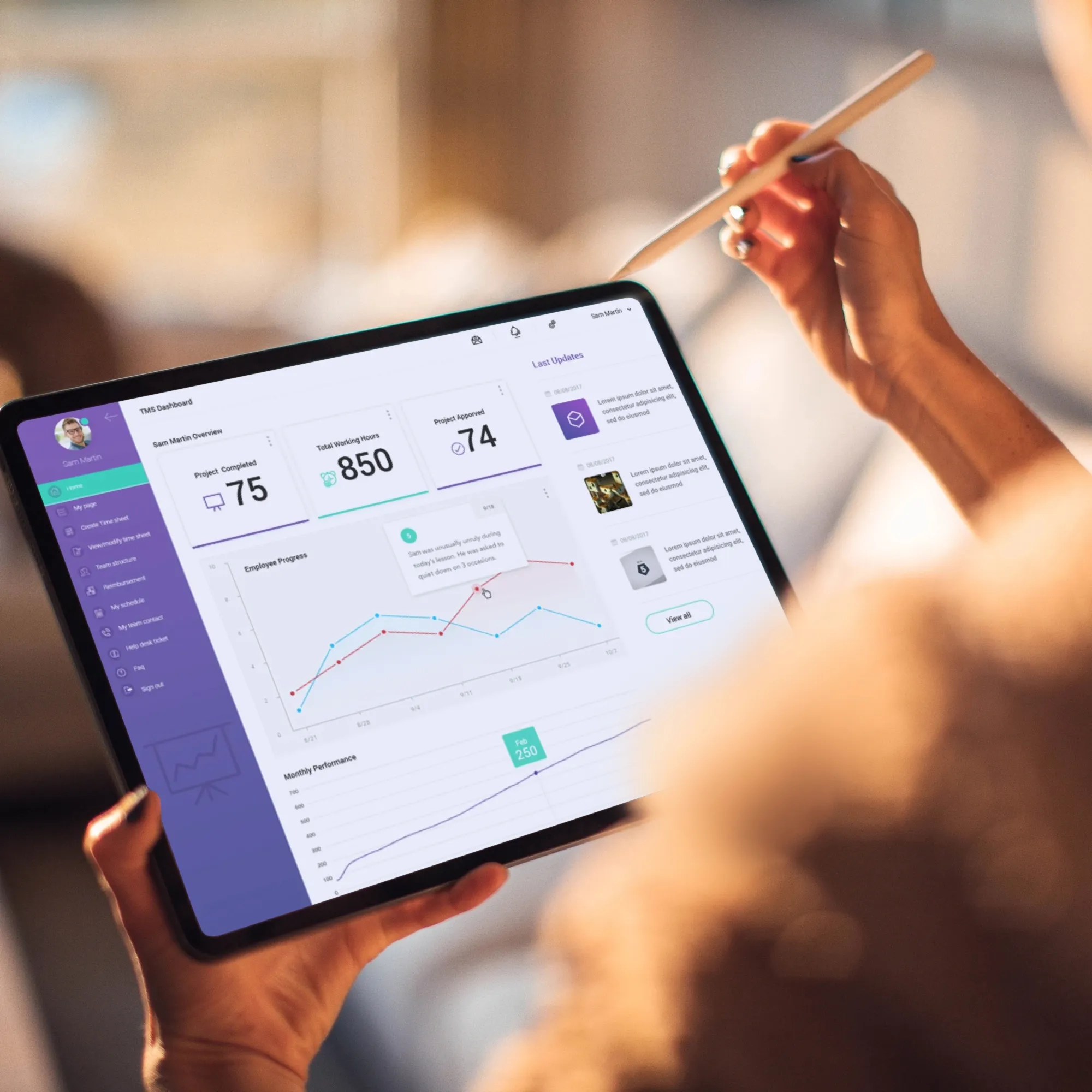 A woman interacts with a tablet displaying a dashboard, showcasing task management and analytics for a renewable energy provider.