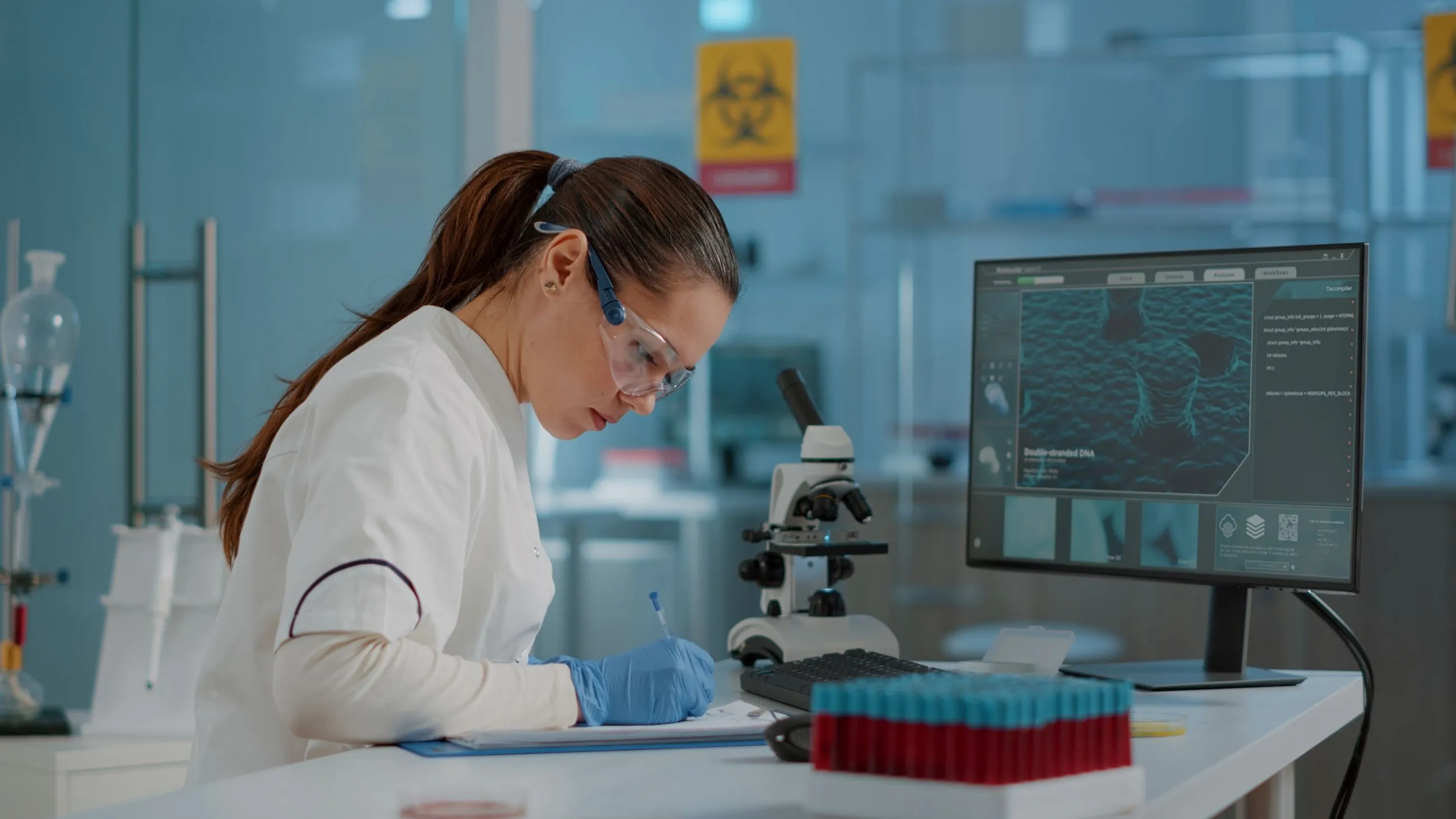 A woman in a lab coat focused on her computer, representing advancements in genetic testing.