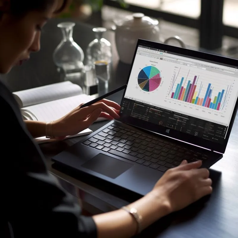 A woman working on a laptop displaying a pie chart, representing gender analysis data and insights from an AI toolkit.