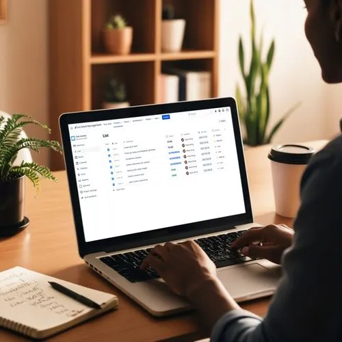 A woman working on a laptop displaying a file manager, focused on developing a Unified Investment Platform for real estate and startups.