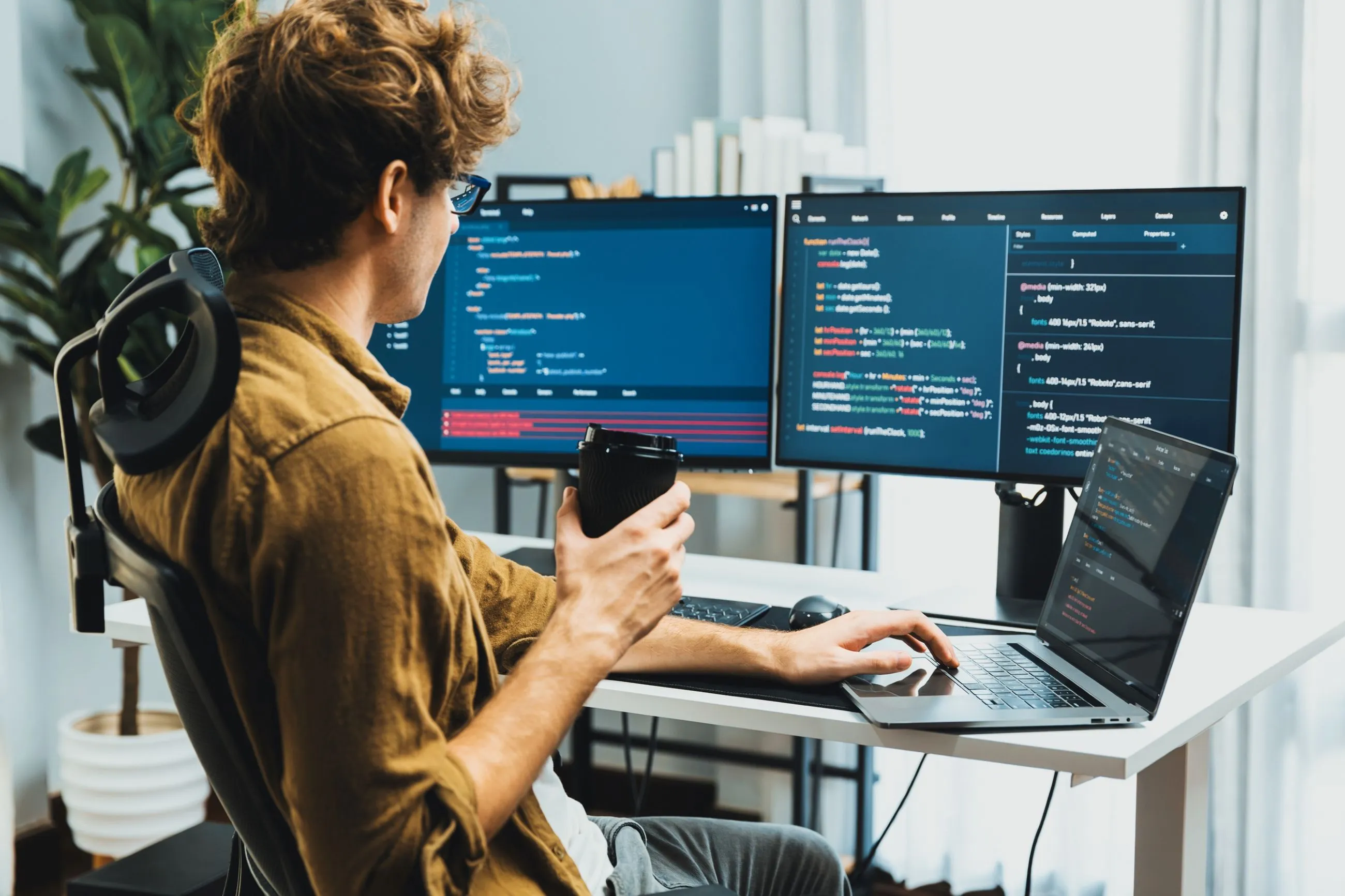 A man at a desk with two monitors and a laptop, focused on automating public relations operations through workflow optimization.