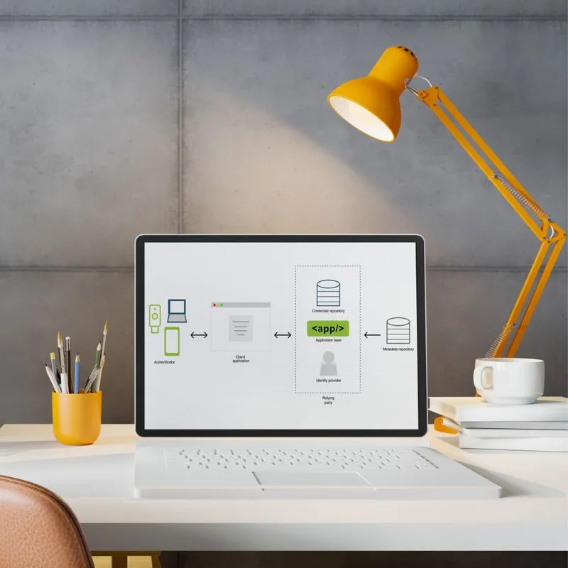 A laptop screen displaying a technical flowchart illustrating an how AI-Powered customer service bots works.