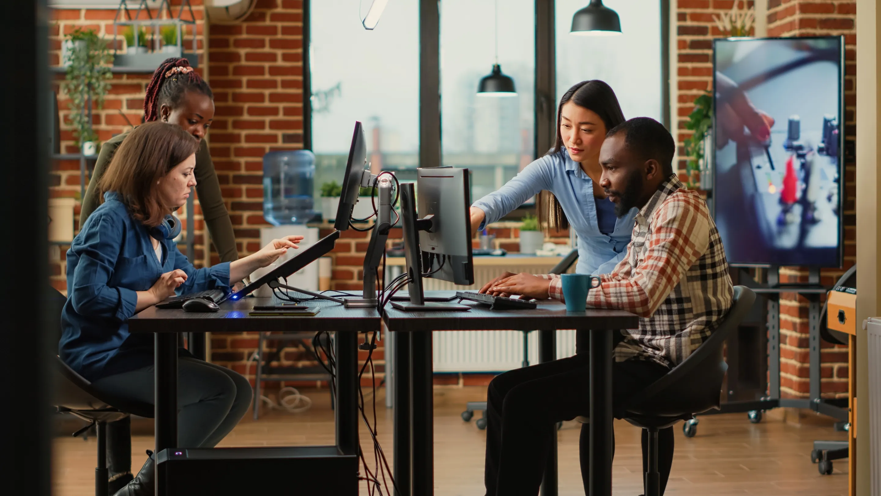 A diverse team collaborates around computers in a modern tech office.