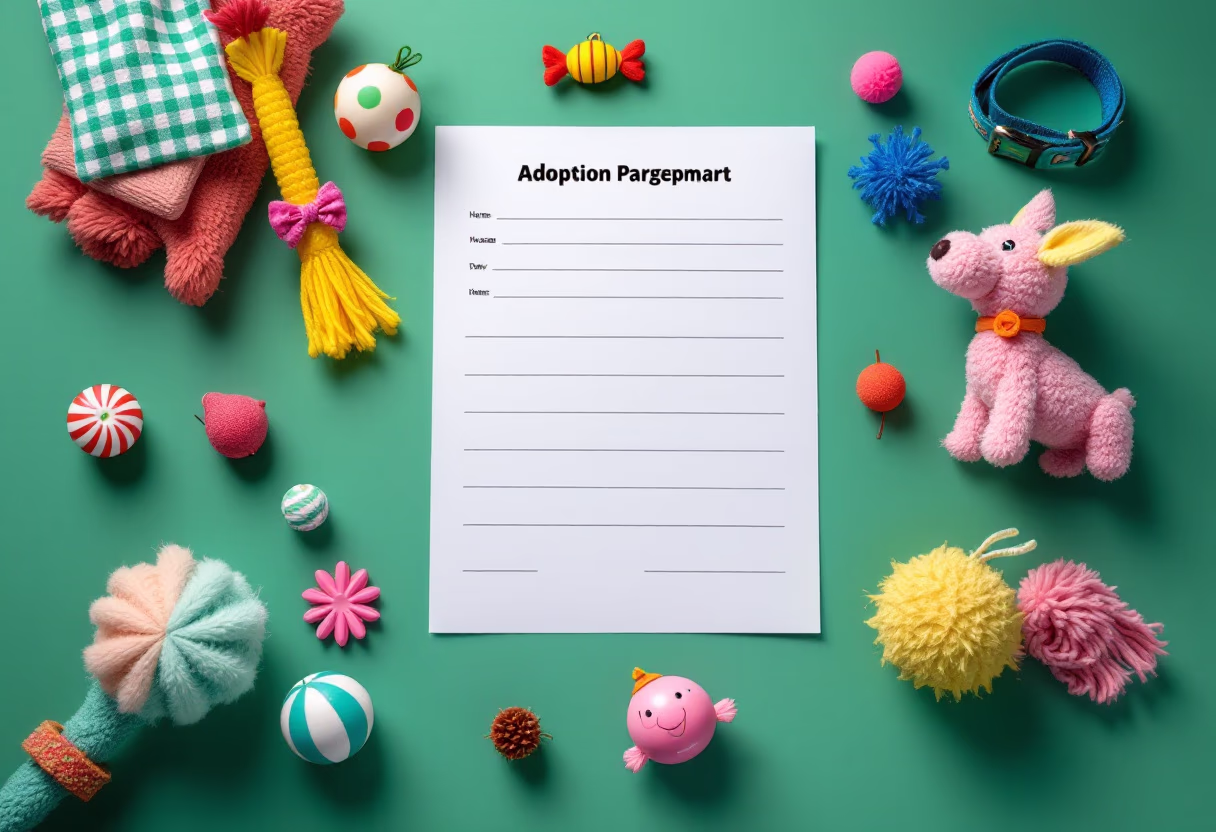 image of adoption paperwork with pet toys and accessories