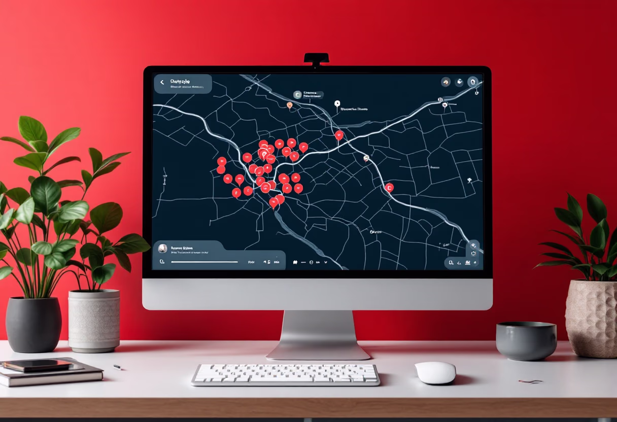 Desktop showing search results with location pins representing SEO and AI discoverability