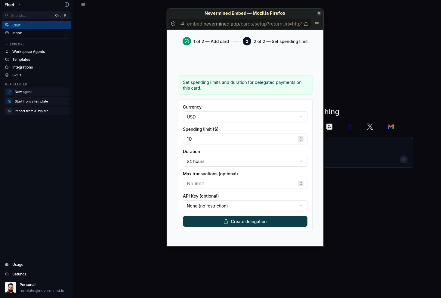 Nevermined embed, step 2 of 2: set spending limit, duration, max transactions and API key scope