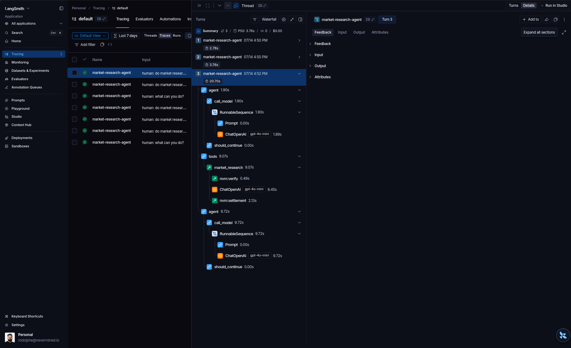LangSmith trace: nvm:verify and nvm:settlement spans nested inside the market_research tool call