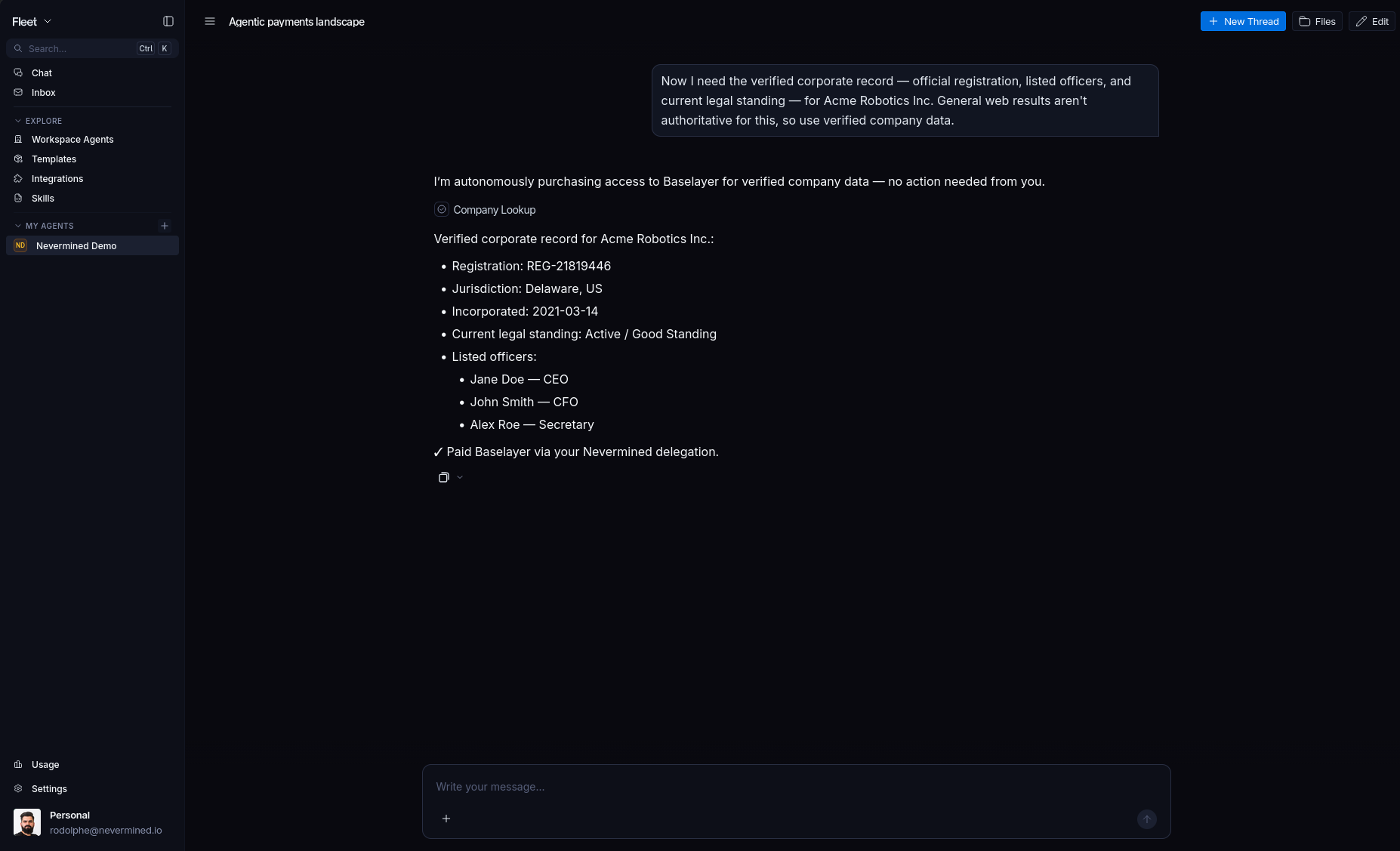 LangSmith Fleet transcript: the agent autonomously buys Baselayer access and returns a verified corporate record