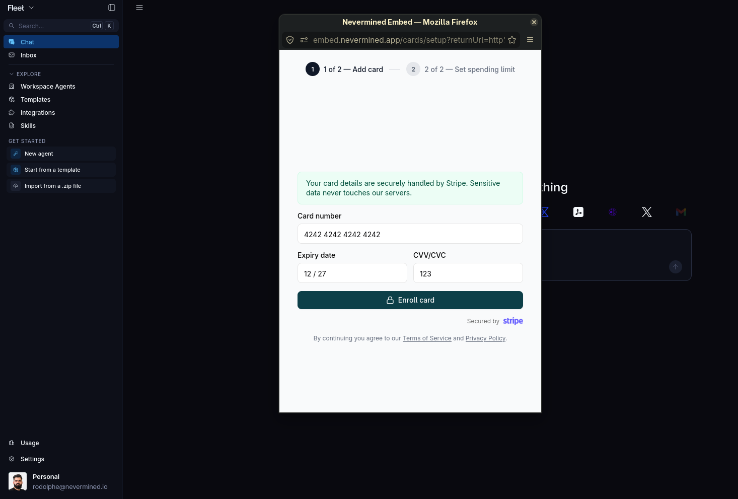 Nevermined embed, step 1 of 2: add card, secured by Stripe