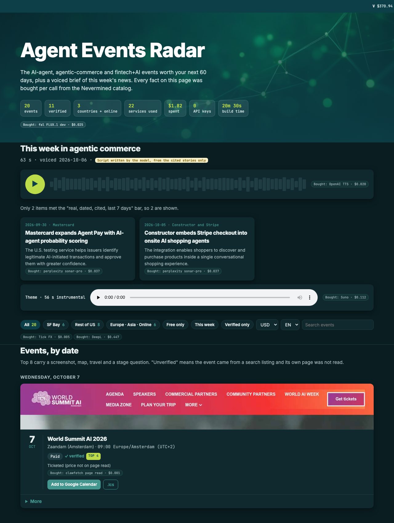 The catalog-built Agent Events Radar page