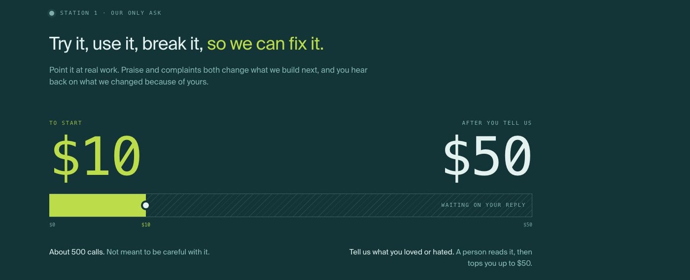 The claim page: $50 in free credits, $10 to start.