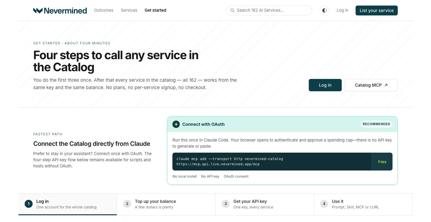 The get-started page: connect with OAuth in one command, or four steps for an API key.