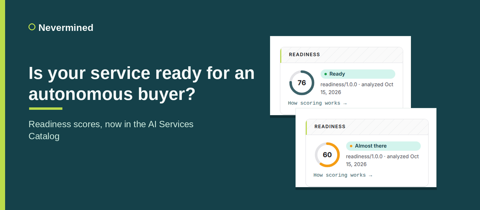 Two readiness score cards from the Nevermined AI Services Catalog, one at 76 (ready) and one at 60 (almost there), under the question Is your service ready for an autonomous buyer.