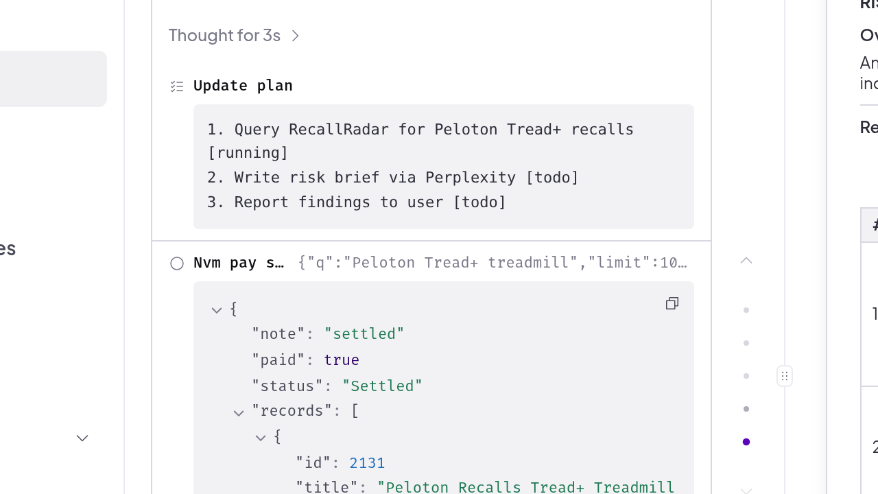 The run on H Company: the agent lays out a plan, query RecallRadar for Peloton Tread+ recalls then write a risk brief, and the paid catalog call returns a settled result with the Peloton recall record.